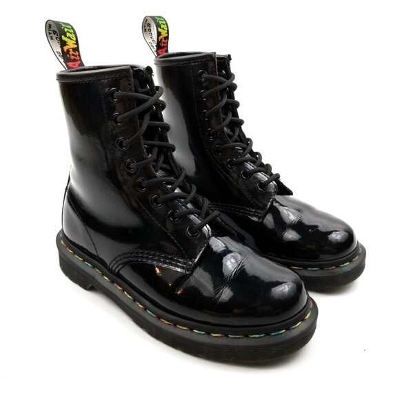 RARE Dr. Martens Rainbow Holographic Patent Leather Combat Boots 5 Black Grunge - Picture 2 of 11